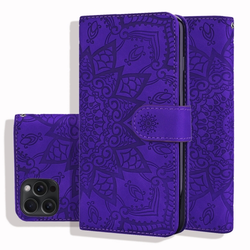 

For iPhone 15 Pro Mandala Embossed Dual-Fold Calf Leather Phone Case(Purple)