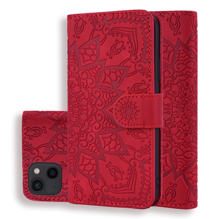 

For iPhone 15 Plus Mandala Embossed Dual-Fold Calf Leather Phone Case(Red)