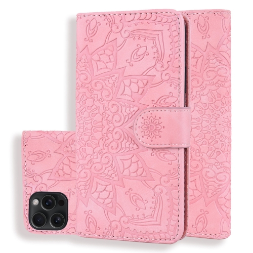 

For iPhone 15 Pro Max Mandala Embossed Dual-Fold Calf Leather Phone Case(Pink)