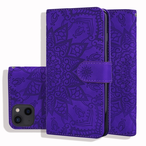 

For iPhone 16 Pro Max Mandala Embossed Dual-Fold Calf Leather Phone Case(Purple)