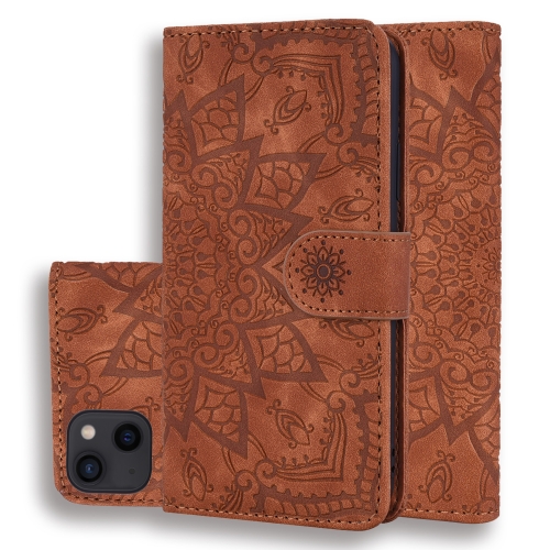 

For iPhone 16 Pro Mandala Embossed Dual-Fold Calf Leather Phone Case(Brown)