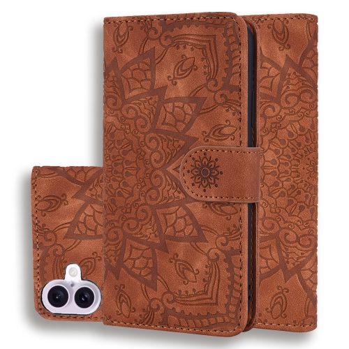 

For iPhone 16 Plus Mandala Embossed Dual-Fold Calf Leather Phone Case(Brown)