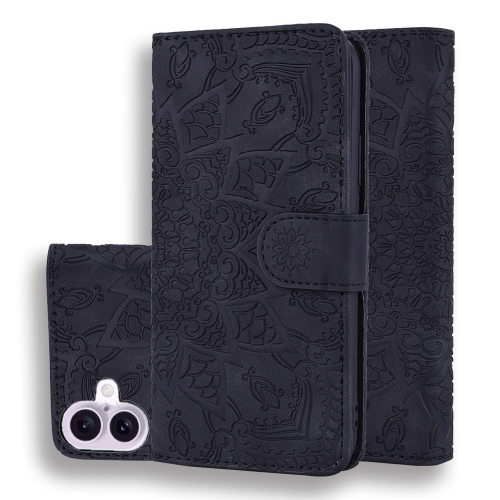 

For iPhone 16 Plus Mandala Embossed Dual-Fold Calf Leather Phone Case(Black)