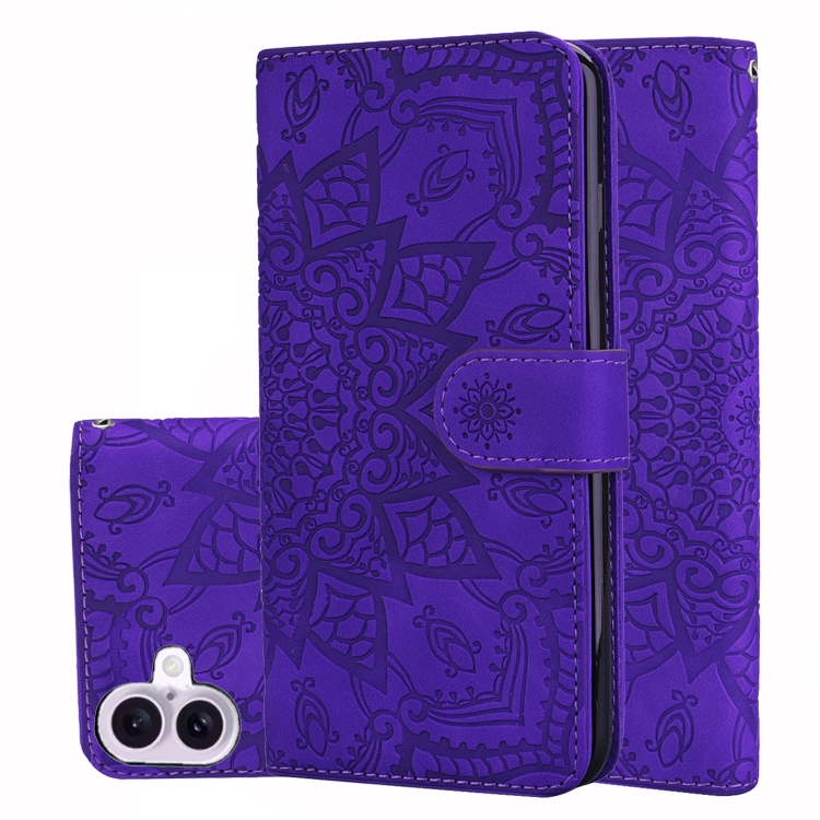 

For iPhone 16 Plus Mandala Embossed Dual-Fold Calf Leather Phone Case(Purple)