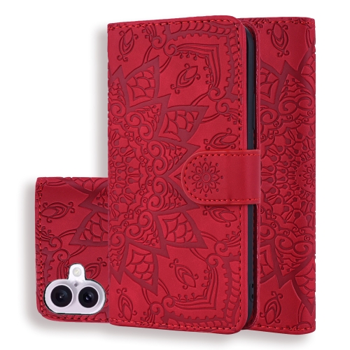 

For iPhone 16 Plus Mandala Embossed Dual-Fold Calf Leather Phone Case(Red)