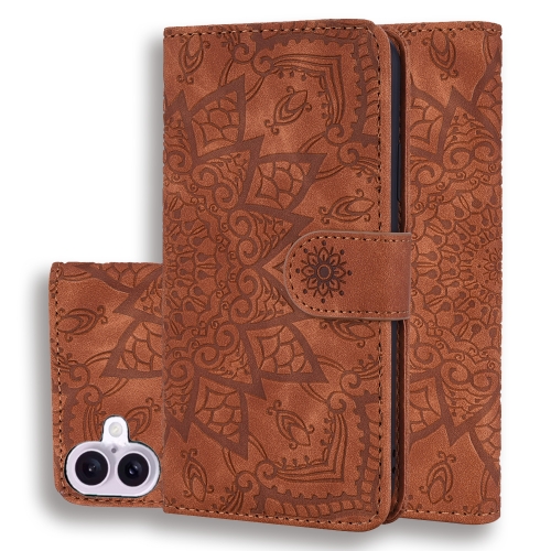 

For iPhone 16 Mandala Embossed Dual-Fold Calf Leather Phone Case(Brown)