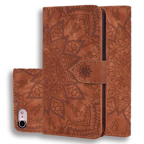 

For iPhone 16e Mandala Embossed Dual-Fold Calf Leather Phone Case(Brown)