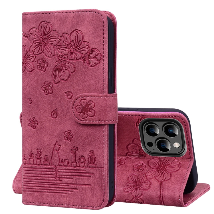 

For iPhone 15 Pro Max Cartoon Sakura Cat Embossed Leather Phone Case(Wine Red)