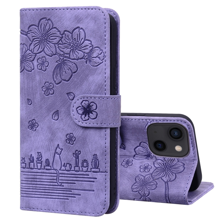 

For iPhone 15 Plus Cartoon Sakura Cat Embossed Leather Phone Case(Purple)