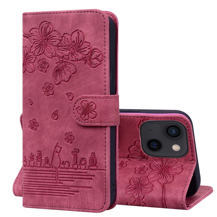 

For iPhone 15 Cartoon Sakura Cat Embossed Leather Phone Case(Wine Red)