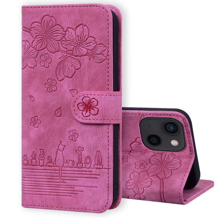 

For iPhone 14 Cartoon Sakura Cat Embossed Leather Phone Case(Rose Red)