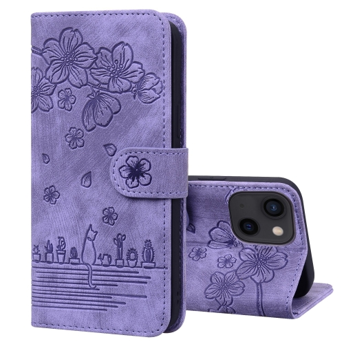 

For iPhone 14 Cartoon Sakura Cat Embossed Leather Phone Case(Purple)