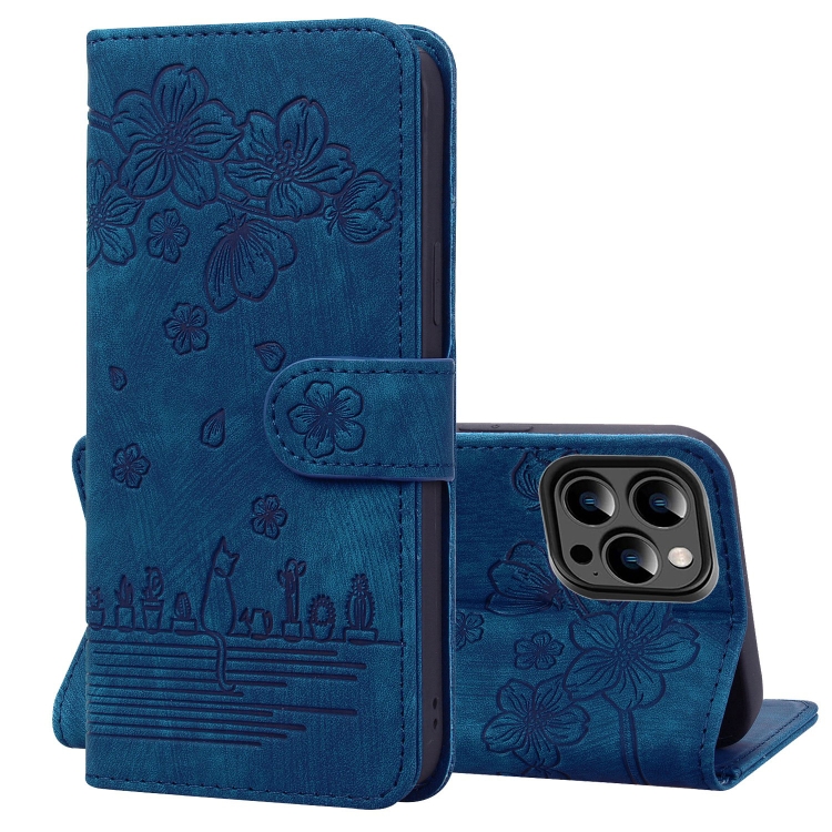 

For iPhone 14 Pro Cartoon Sakura Cat Embossed Leather Phone Case(Royal Blue)