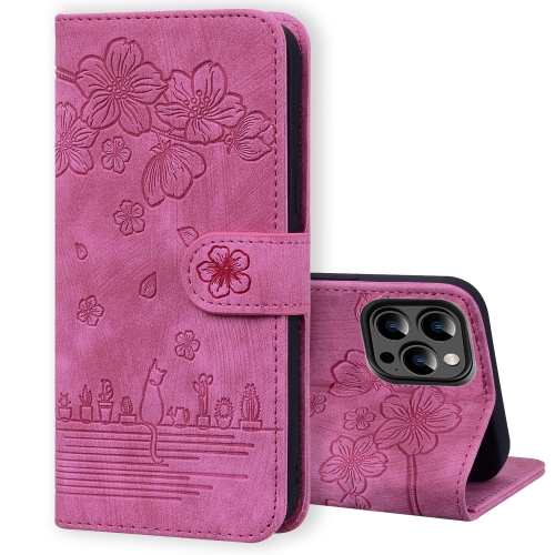 

For iPhone 14 Pro Cartoon Sakura Cat Embossed Leather Phone Case(Rose Red)