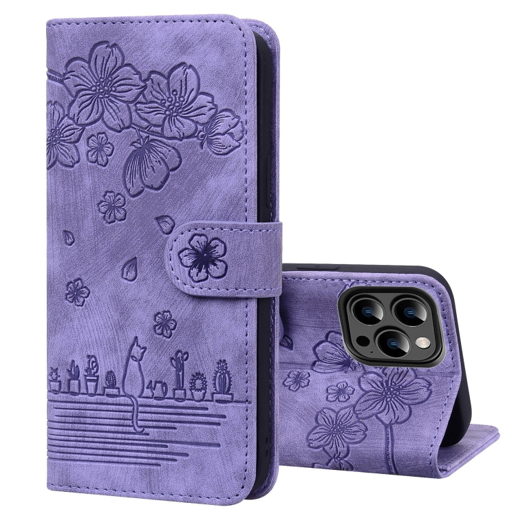

For iPhone 14 Pro Cartoon Sakura Cat Embossed Leather Phone Case(Purple)