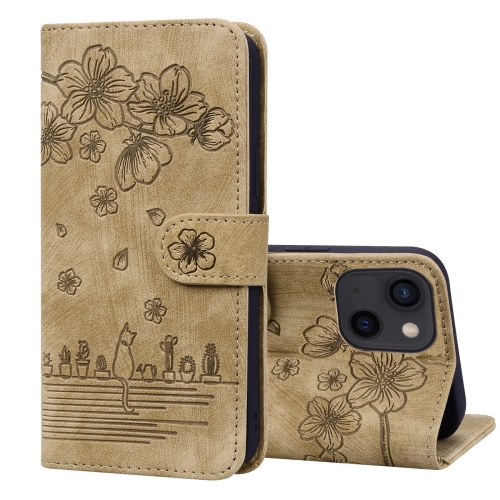 

For iPhone 14 Plus Cartoon Sakura Cat Embossed Leather Phone Case(Brown)