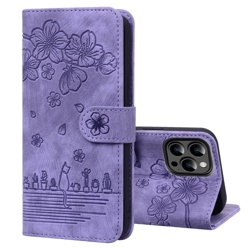 

For iPhone 14 Pro Max Cartoon Sakura Cat Embossed Leather Phone Case(Purple)