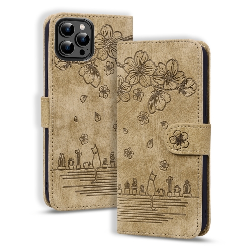 

For iPhone 16 Pro Cartoon Sakura Cat Embossed Leather Phone Case(Brown)