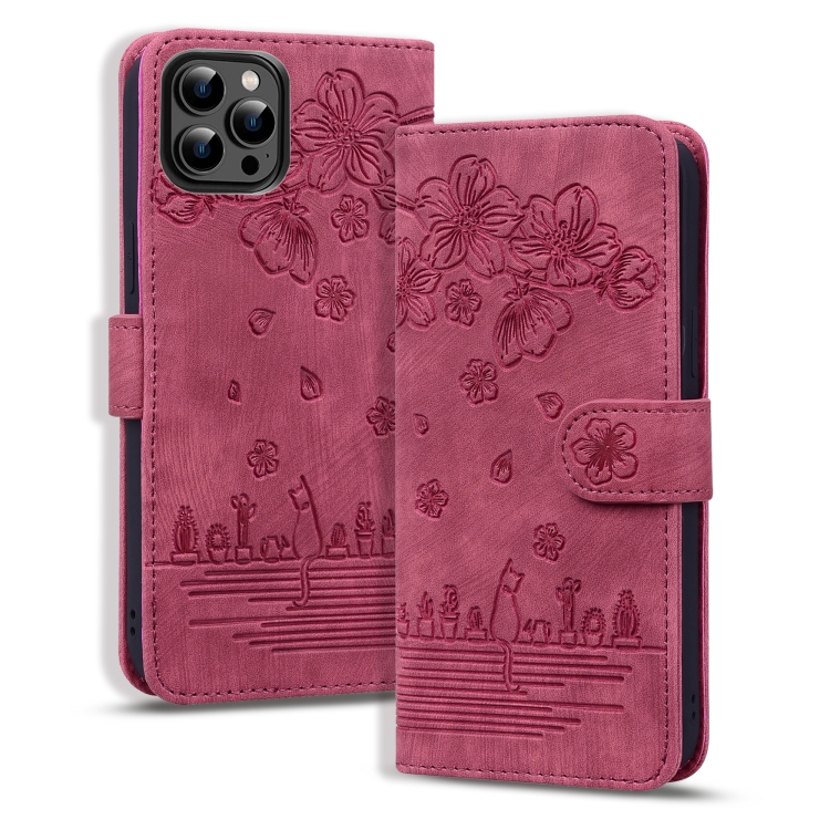 

For iPhone 16 Pro Cartoon Sakura Cat Embossed Leather Phone Case(Wine Red)