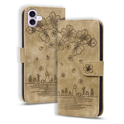 

For iPhone 16 Plus Cartoon Sakura Cat Embossed Leather Phone Case(Brown)