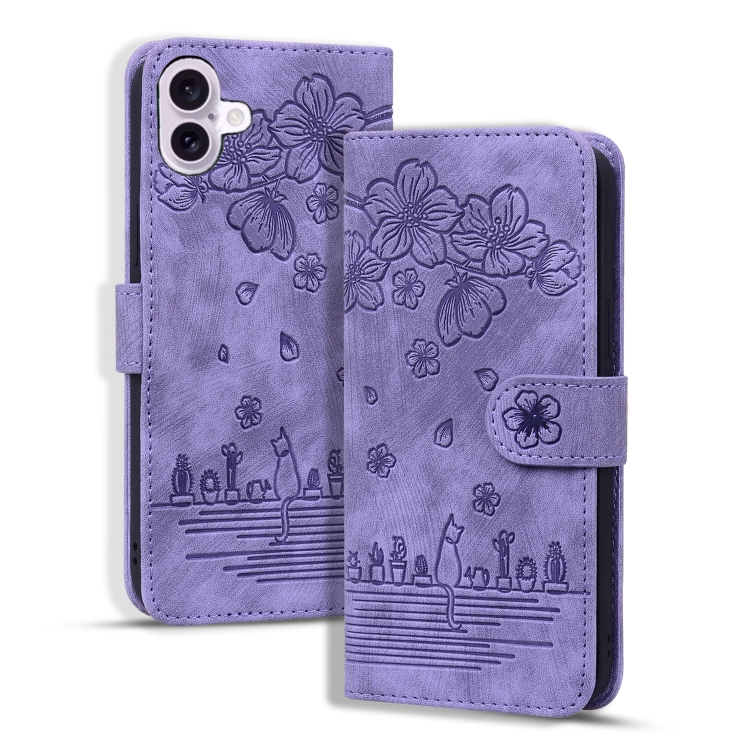 

For iPhone 16 Plus Cartoon Sakura Cat Embossed Leather Phone Case(Purple)