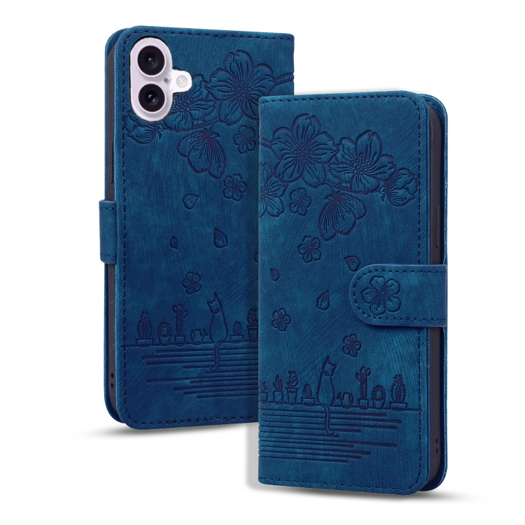 

For iPhone 16 Cartoon Sakura Cat Embossed Leather Phone Case(Royal Blue)