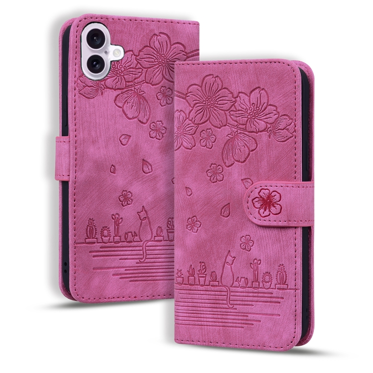 

For iPhone 16 Cartoon Sakura Cat Embossed Leather Phone Case(Rose Red)