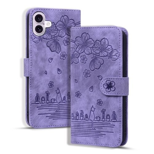 

For iPhone 16 Cartoon Sakura Cat Embossed Leather Phone Case(Purple)