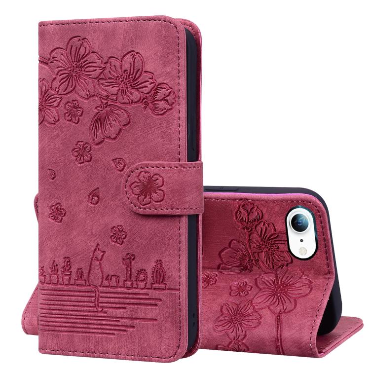 

For iPhone 16e Cartoon Sakura Cat Embossed Leather Phone Case(Wine Red)