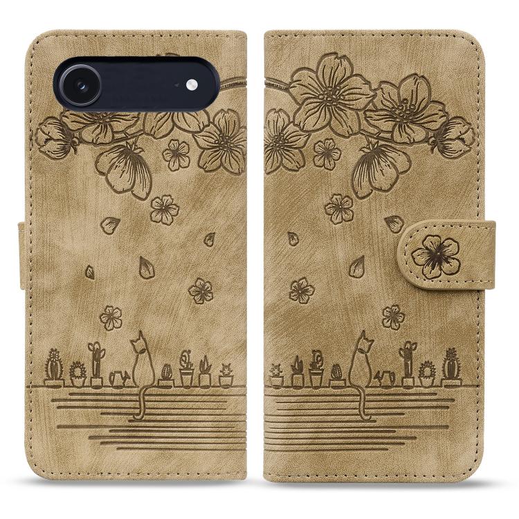 

For iPhone 17 Air Cartoon Sakura Cat Embossed Leather Phone Case(Brown)