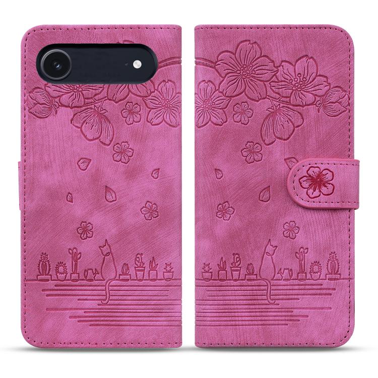 

For iPhone 17 Air Cartoon Sakura Cat Embossed Leather Phone Case(Rose Red)