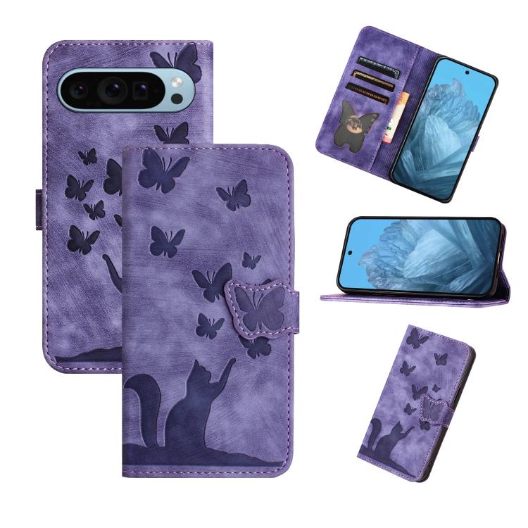 

For Google Pixel 9 Pro XL / 10 Pro XL Butterfly Cat Embossing Flip Leather Phone Case(Purple)