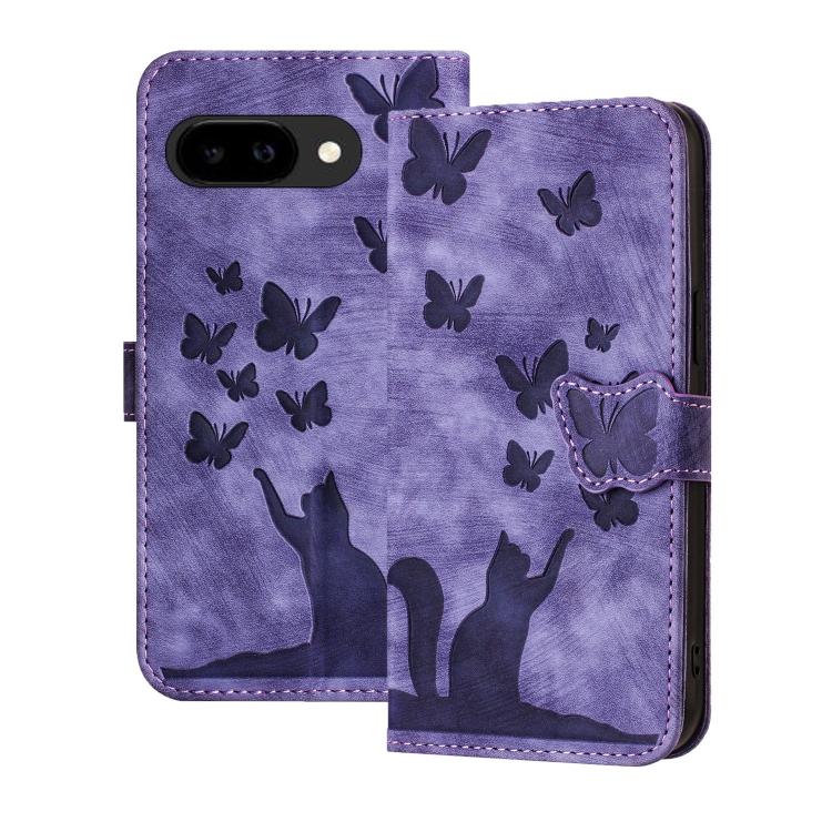 

For Google Pixel 10a Butterfly Cat Embossing Flip Leather Phone Case(Purple)