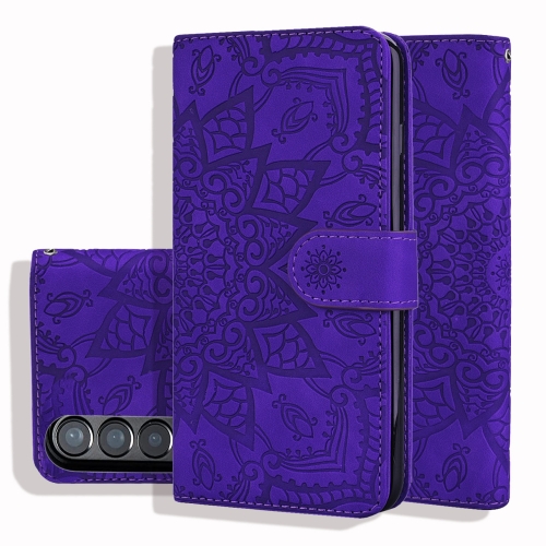 

For Samsung Galaxy Z Fold3 5G Mandala Embossed Dual-Fold Calf Leather Phone Case(Purple)