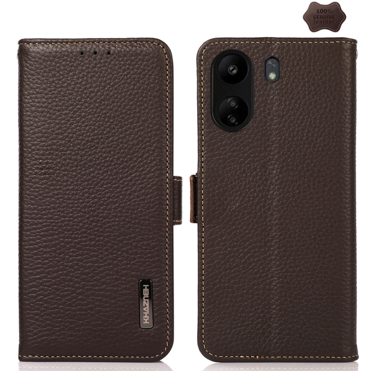 

For Xiaomi Redmi 13C KHAZNEH Side-Magnetic Litchi Genuine Leather RFID Phone Case(Brown)