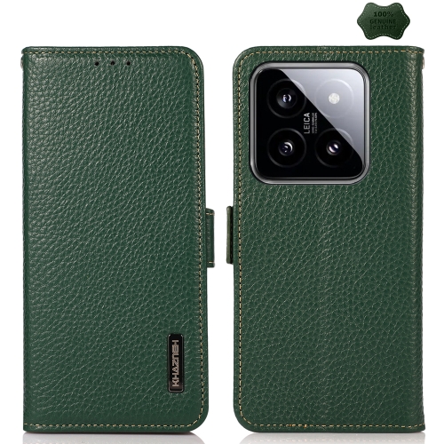 

For Xiaomi 14 KHAZNEH Side-Magnetic Litchi Genuine Leather RFID Phone Case(Green)