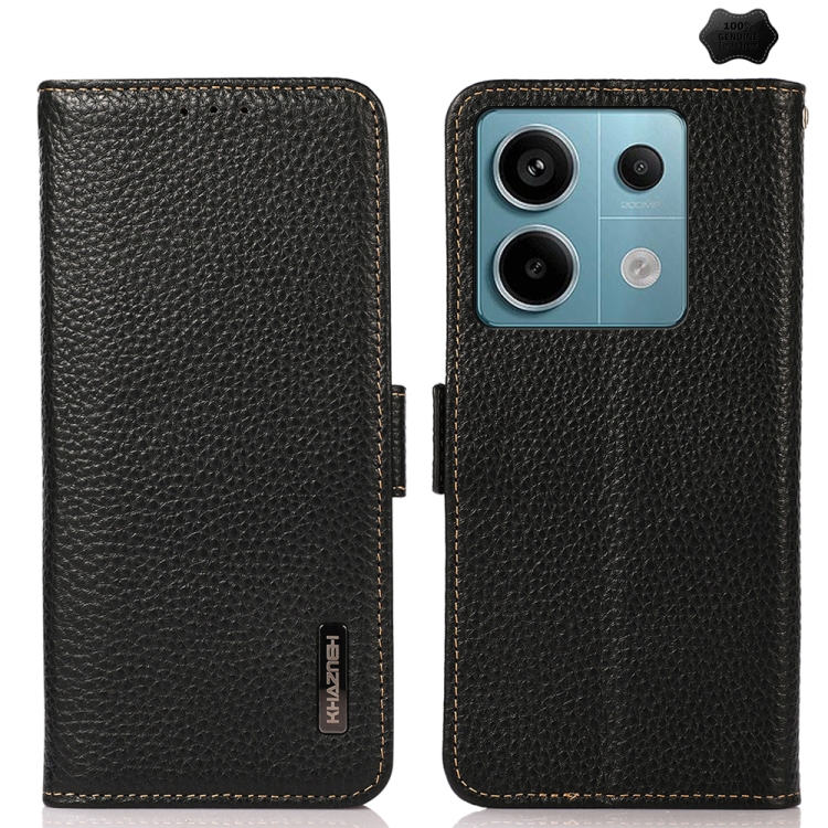 

For Xiaomi Redmi Note 13 KHAZNEH Side-Magnetic Litchi Genuine Leather RFID Phone Case(Black)