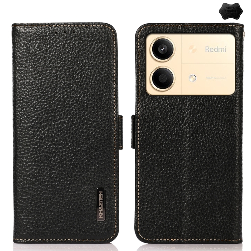 

For Xiaomi Redmi Note 13R Pro KHAZNEH Side-Magnetic Litchi Genuine Leather RFID Phone Case(Black)
