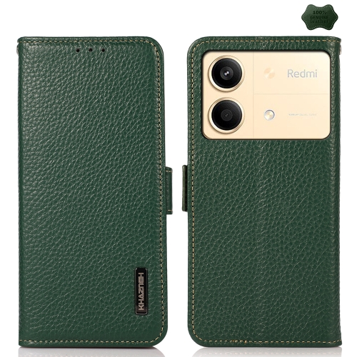 

For Xiaomi Redmi Note 13R Pro KHAZNEH Side-Magnetic Litchi Genuine Leather RFID Phone Case(Green)