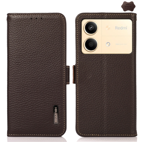 

For Xiaomi Redmi Note 13R Pro KHAZNEH Side-Magnetic Litchi Genuine Leather RFID Phone Case(Brown)