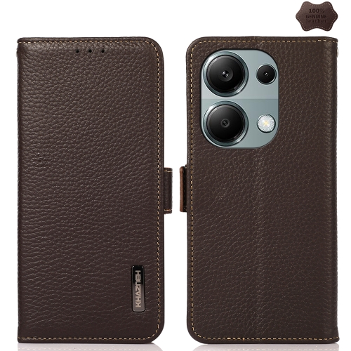 

For Xiaomi Redmi Note 13 Pro 4G/Poco M6 Pro 4G KHAZNEH Side-Magnetic Litchi Genuine Leather RFID Phone Case(Brown)