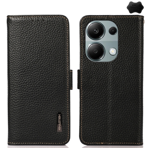 

For Xiaomi Redmi Note 13 4G KHAZNEH Side-Magnetic Litchi Genuine Leather RFID Phone Case(Black)