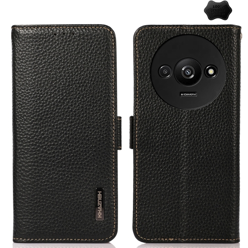 

For Xiaomi Redmi A3 KHAZNEH Side-Magnetic Litchi Genuine Leather RFID Phone Case(Black)
