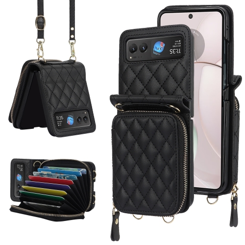 

For Motorola Razr 40 Rhombic Texture Card Bag Phone Case with Dual Lanyard(Black)