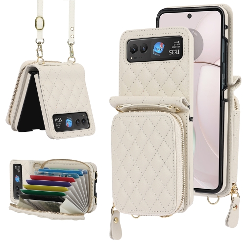 

For Motorola Razr 40 Rhombic Texture Card Bag Phone Case with Dual Lanyard(White)