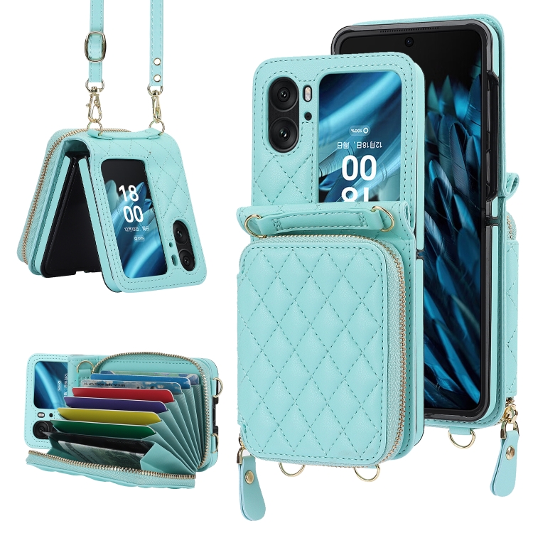 

For OPPO Find N2 Flip Rhombic Texture Card Bag Phone Case with Dual Lanyard(Green)