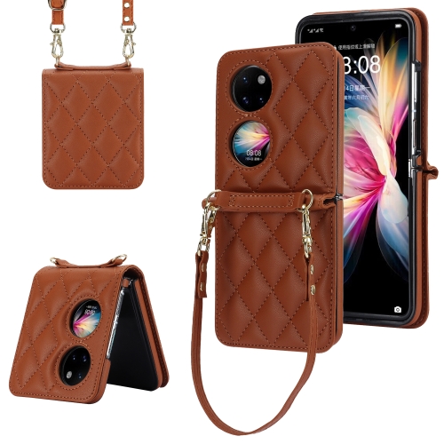 

For Huawei P50 Pocket Rhombic Texture Card Bag Phone Case with Dual Lanyard(Brown)