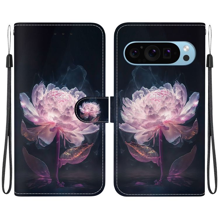 

For Google Pixel 9 Pro Crystal Texture Colored Drawing Leather Phone Case(Purple Peony)