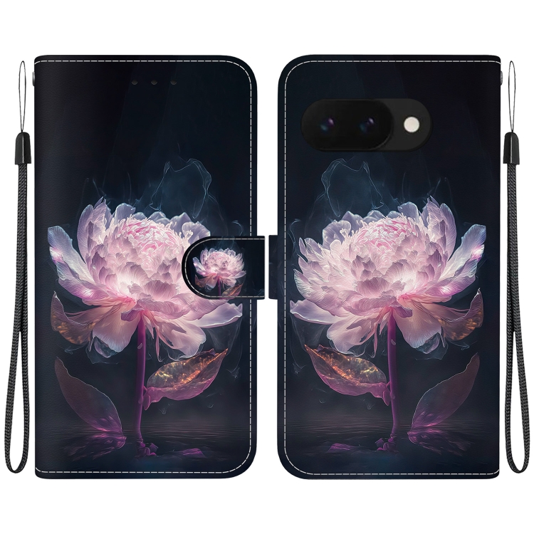 

For Google Pixel 9a Crystal Texture Colored Drawing Leather Phone Case(Purple Peony)