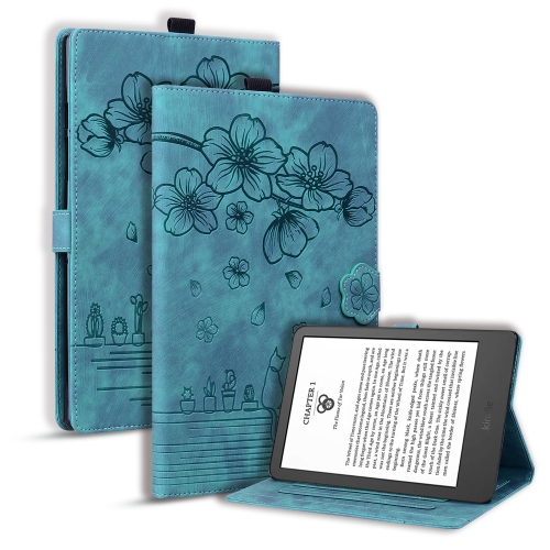 

For Amazon Kindle Paperwhite 12th 2024 Cartoon Sakura Cat Embossed Leather Tablet Case(Green)